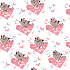 Funny abstract cat holding a heart for Valentine's Day seamless pattern on a white background. Vector illustration