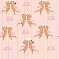 Cute valentines cats, clouds and hearts seamless pattern on a pink background. Valentine's Day concept. Vector illustration for kids