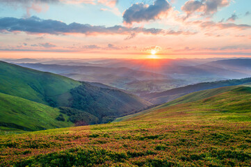 Amazing sunrise in the mountains. Ukrainian Carpathians, Borzhava ridge - obrazy, fototapety, plakaty