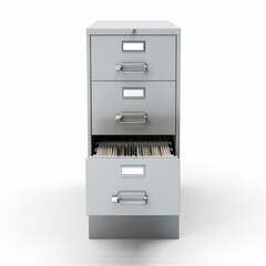 Stock image of a filing cabinet on a white background, organized, storage solution for documents Generative AI