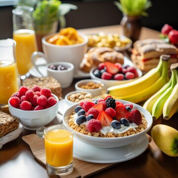 Stock image of a healthy breakfast table with assorted food items, fresh and nutritious meal Generative AI