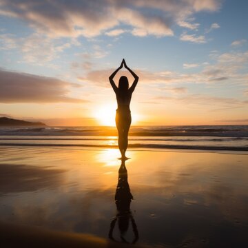 Stock image of a person doing yoga on the beach at sunrise, promoting health and wellness Generative AI