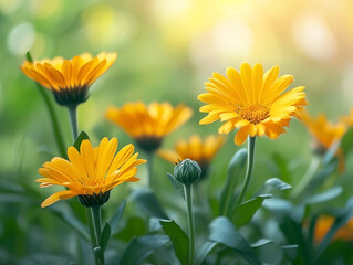 Closeup of yellow orange Rudbeckia flowers and buds in the garden. Copy space