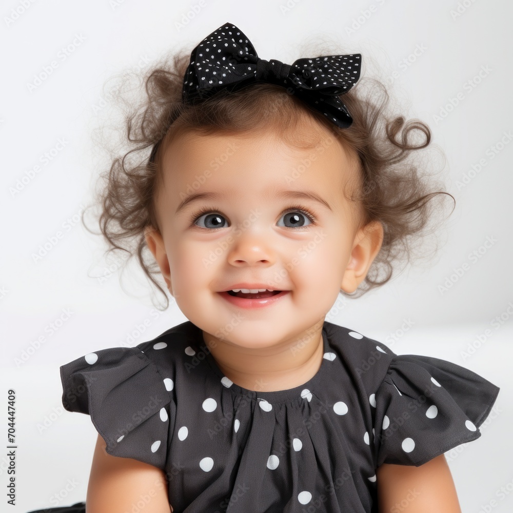 Poster stock image of a toddler in a polka dot dress on a white backdrop generative ai