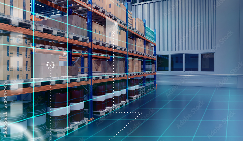 Poster warehouse through eyes of robot. artificial vision for storage company. robot recognizes loads on wa