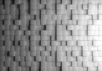 Geometric background. White pattern. Modern texture. Three-dimensional cubes. Geometric backdrop for design. Gray background. Wall of cubes. Background with gradient. Volumetric style. 3d image