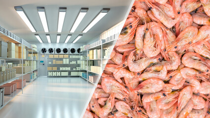 Warehouse refrigerator for seafood. Frozen shrimp. Industrial refrigeration chamber. Shrimp cold...