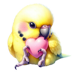 Parakeet parrot, Budgerigar, holds a Valentine's Day heart transparent background