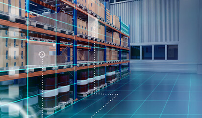 Warehouse through eyes of robot. Artificial vision for storage company. Robot recognizes loads on...