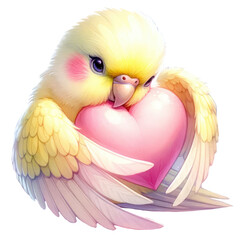Obraz premium Parakeet parrot, Budgerigar, holds a Valentine's Day heart transparent background