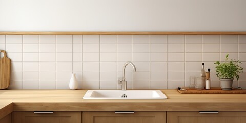 Scandinavian apartment kitchen with stylish white tiles, wooden cabinets, and window sink.