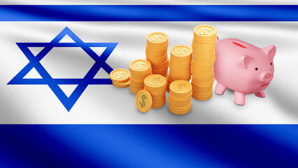 Israeli economy. Piggy bank and coins on national flag. Saving money in bank of Israel concept....