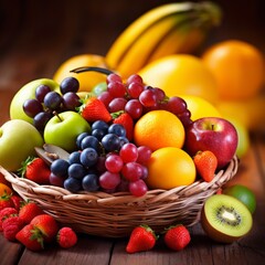 Naklejka na ściany i meble Stock image of colorful assorted fruits arranged in a basket, fresh and vibrant Generative AI
