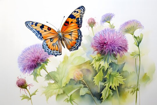Watercolor of butterflies and flowers purple