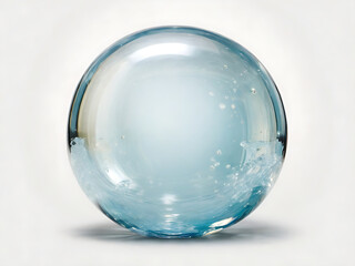 Transparent water droplets opaque glass sphere with glares and shadow on white.