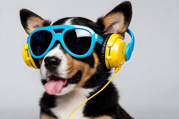 A dog with headphones and sunglasses on. Generative AI