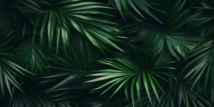 closeup of beautiful palm leaves in a wild tropical palm garden, dark green palm leaf texture concept full framed, wallpaper decoration