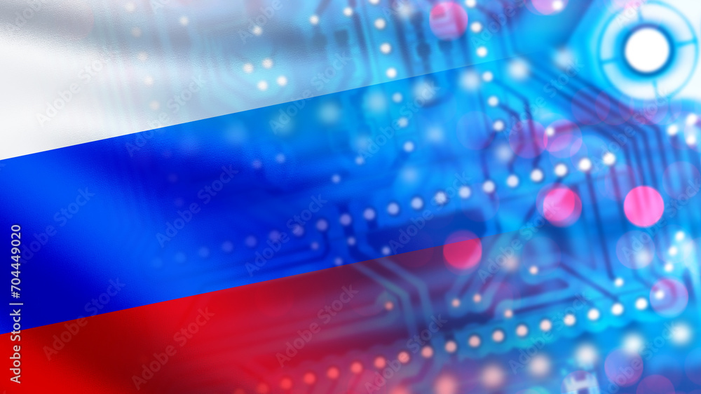 Aufkleber digital board with russia flag. pcb made in russian federation. microprocessor close-up. digital boa