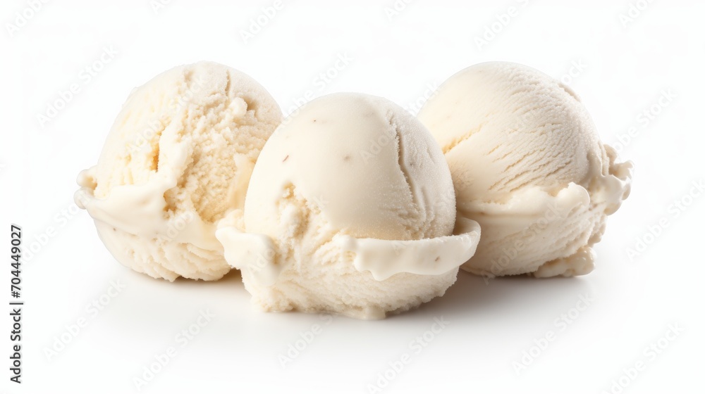 Poster three scoops of classic vanilla ice cream in a close-up realistic photo against a white background g