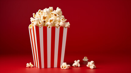 popcorn in red and white cardboard box for cinema or movie