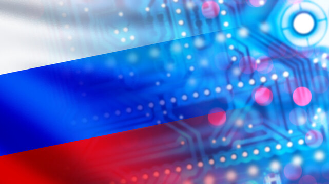Digital board with Russia flag. PCB made in Russian federation. Microprocessor close-up. Digital board for computer. Manufacturing semiconductors in Russia. Microelectronics industry. 3d image