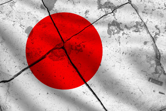 Collapsing flag of Japan. State symbol on old wall. Concept of problem in Japan. National flag on cracked stone. Collapsing national symbol of Japan. Crisis of Japanese state. 3d image