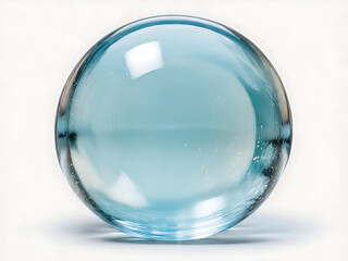 Transparent water droplets opaque glass sphere with glares and shadow on white.