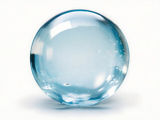Transparent water droplets opaque glass sphere with glares and shadow on white.