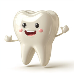 Icon of a human molar tooth with smiling face, arms and legs, white background. Dental hygiene, dentist
