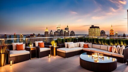An exclusive rooftop terrace with upscale furniture and breathtaking cityscape vistas, offering...