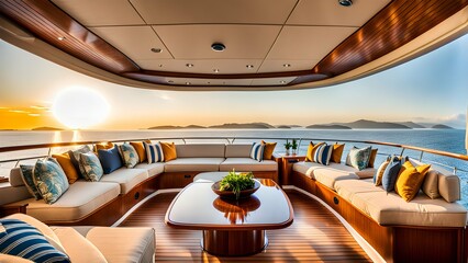 A picture-perfect luxury yacht interior with plush furnishings and panoramic ocean views, leaving...