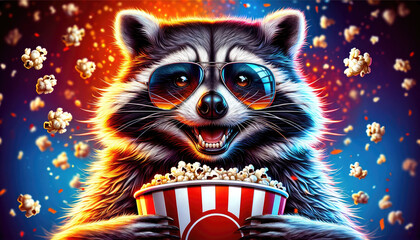 A whimsical raccoon wearing sunglasses, immersed in a film experience with popcorn kernels mid-air, set against a fantastical blue background, suitable for creative media or film festival posters - obrazy, fototapety, plakaty