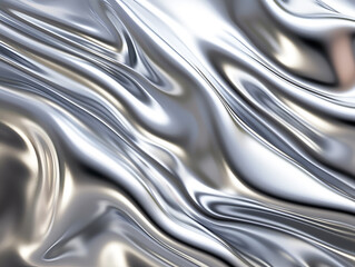 glossy silver metal surface with a fluid chrome mirror effect, creating an exquisite water-like backdrop. Copy space