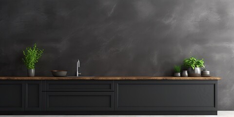 black kitchen interior wall on gray background