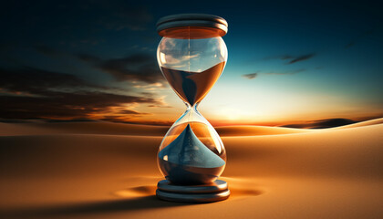 Design an hourglass filled with carbon footprints as the flowing sand, emphasizing the need to reduce carbon emissions to combat global warming.