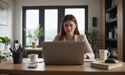 Focused professional working from home office, online work from home, online business, created with Generative AI