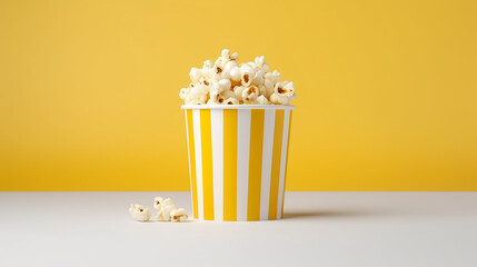 popcorn viewed float paper cup with popcorn on yellow background - obrazy, fototapety, plakaty