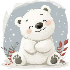 Fototapeta premium Very childish watercolor vintage cartoon cute and charming kawaii polar bear clipart vector, organic forms with desaturated light and airy pastel color palette. Great as nursery art.