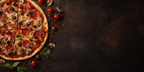 flat lay with pizza. delicious pizza with vegetables and sausage, top view, with space for text