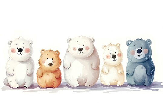 Very childish watercolor vintage cartoon cute and charming kawaii polar bear clipart vector, organic forms with desaturated light and airy pastel color palette. Great as nursery art.
