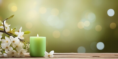 Spring background with flower decoration and easter egg candle on wooden table, depicting a green nature scene for Easter concept, with space for text.