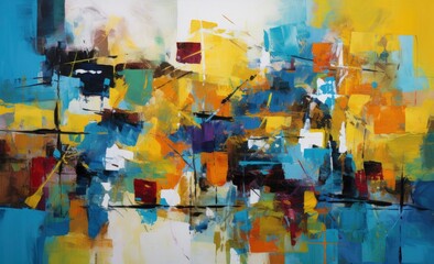 Abstract Painting with a Canvas Alive in Various Colors, Featuring a Playful Dance of Yellow and Blue Tones