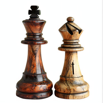 Chess king and queen pieces isolated on white background, png
