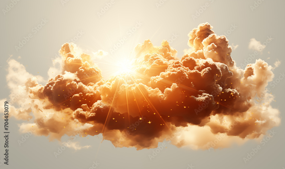 Poster sunset sky with clouds and sun rays. 3d rendering.