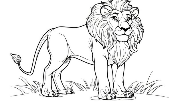 kids simple coloring book page black and white thick line art, lion, cute