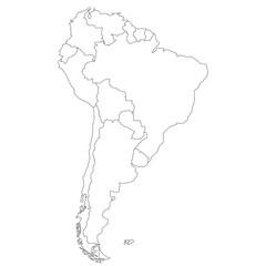 Map of South America with countries in linear view. Stylized map of South America in minimalistic modern style