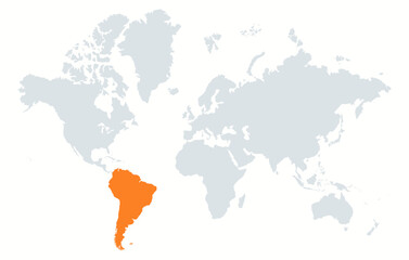 The continent of South America on the world map. Highlighted continent of South America on the world map in minimalistic style.