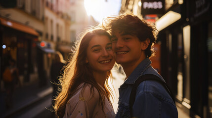 Portrait of happy young couple walking in the city at sunset.