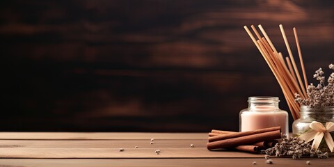 Wooden table with scented sticks, homey backdrop, space for text.