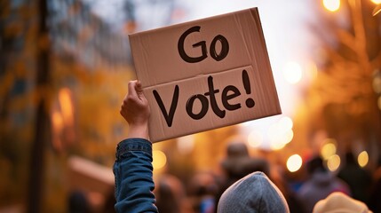photography of a person holding up a shield which says Go Vote!